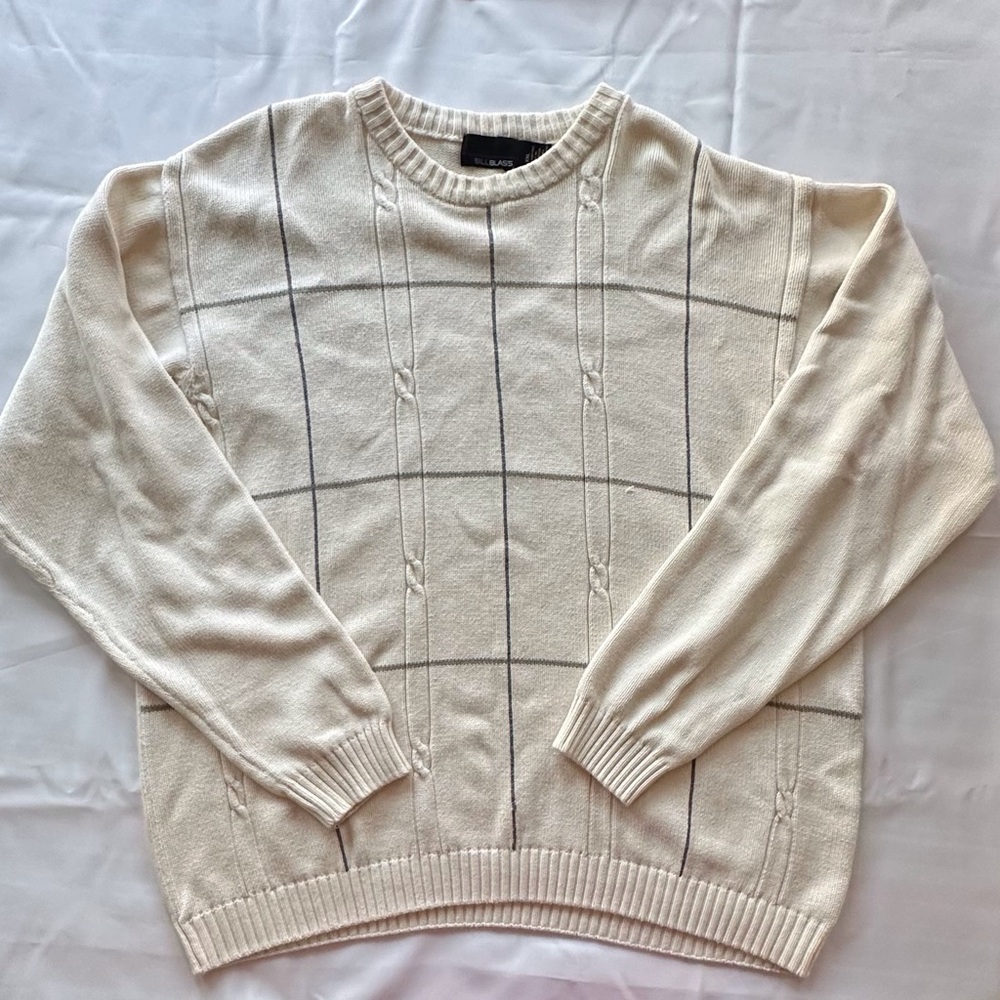 Bill Blass long sleeve cream gray‎ black striped crewneck knit sweater men’s XXL